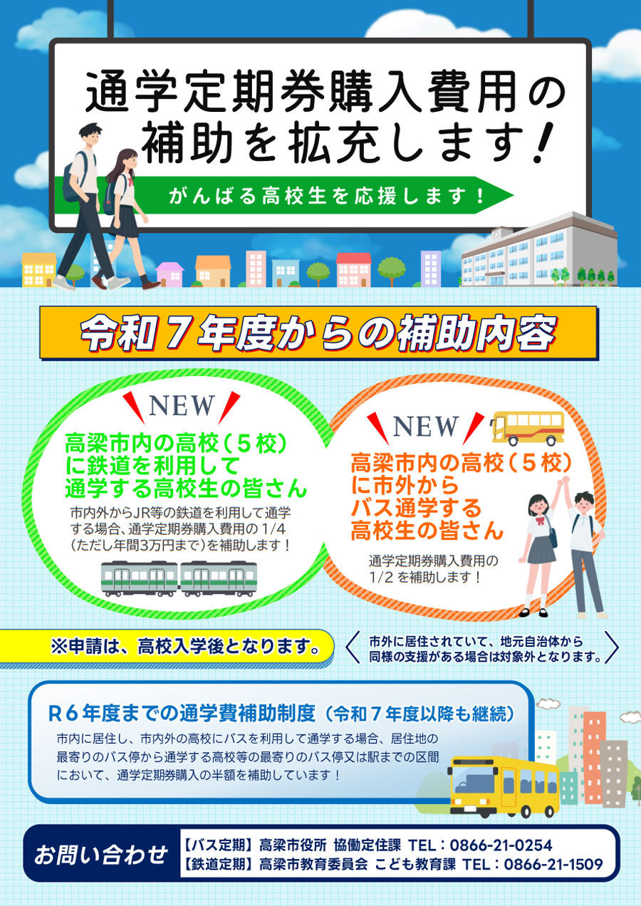 高梁市高校生バス・鉄道通学費補助金制度について